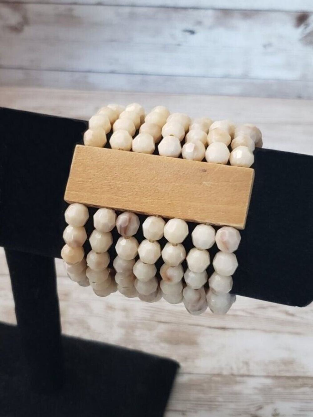 Vintage Bracelet / Bangle Wide Cream Tones with Wood